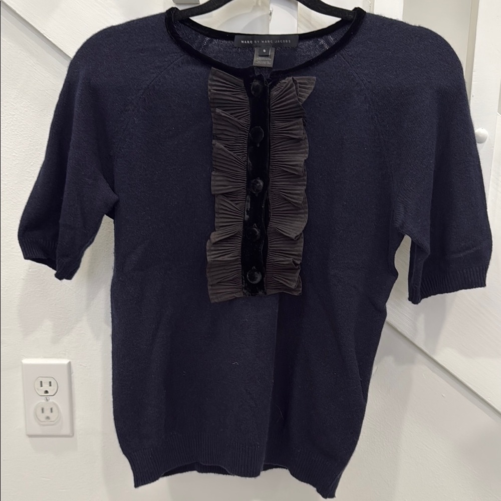 Marc by Marc Jacobs Prairie Indigo Multi Ruffle Cashmere Short Sleeve Sweater
